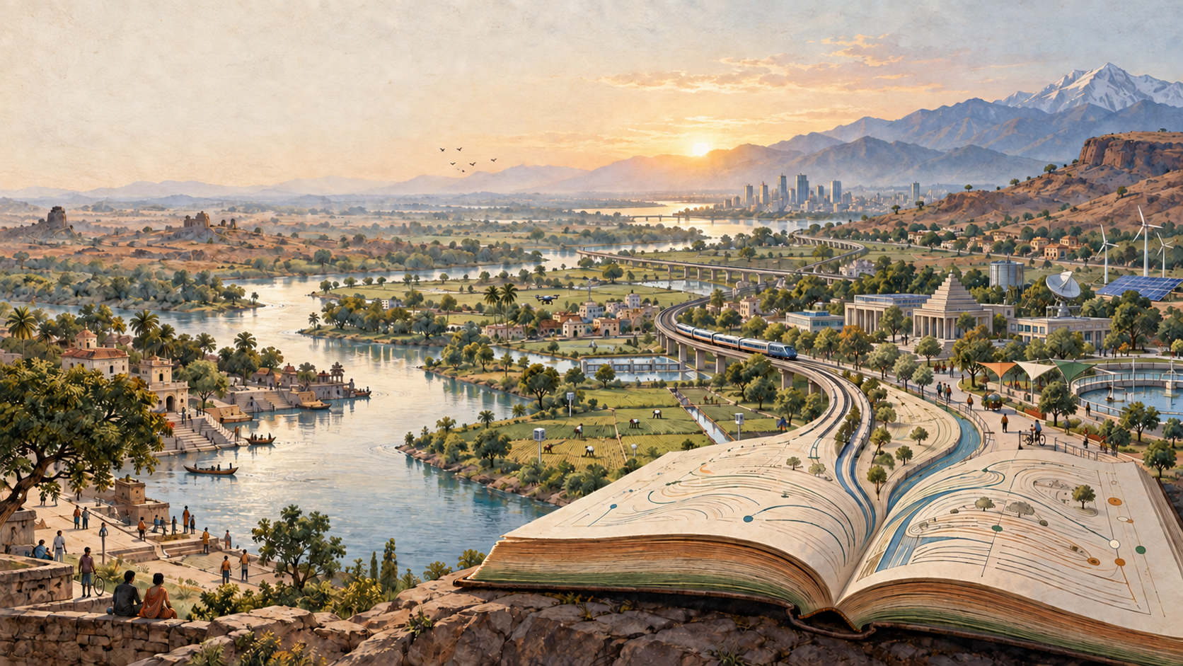 An open book becomes pathways connecting farms, waterways, clean energy, research, transport, and cities at dawn.